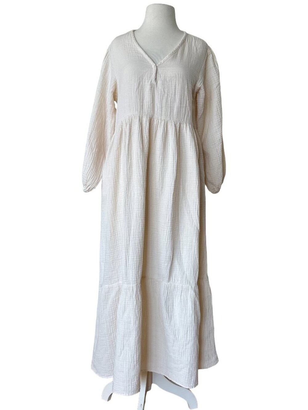 Nico Nico White Maxi Long Sleeve Athena Gauze Tiered V Neck Cotton Flowy Dress